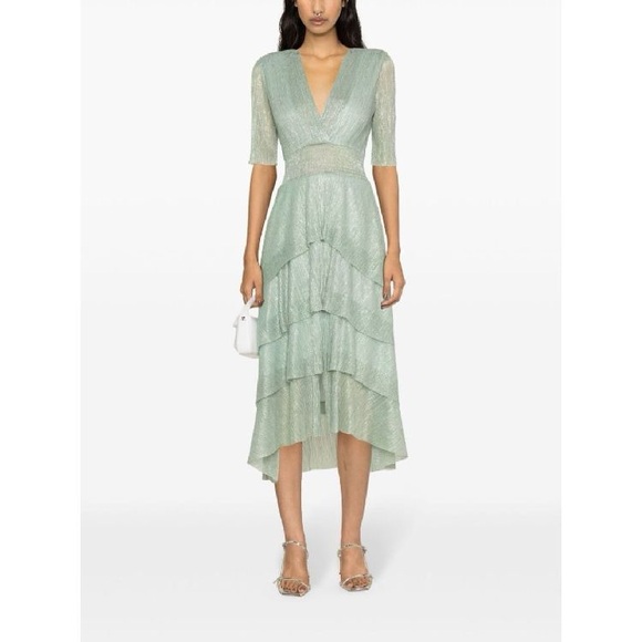 Maje Dresses & Skirts - Maje Green Stretch Lurex Ruffled Midi Dress